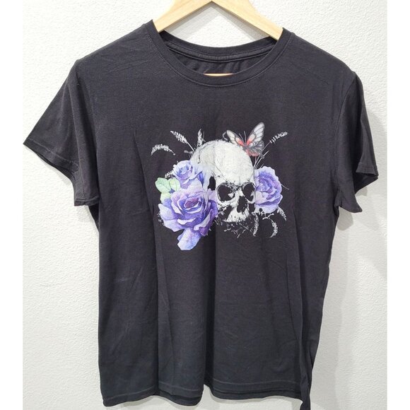 Fifth Sun Womens Junior Skull & Floral Graphic Black T-Shirt Size M - Picture 1 of 5